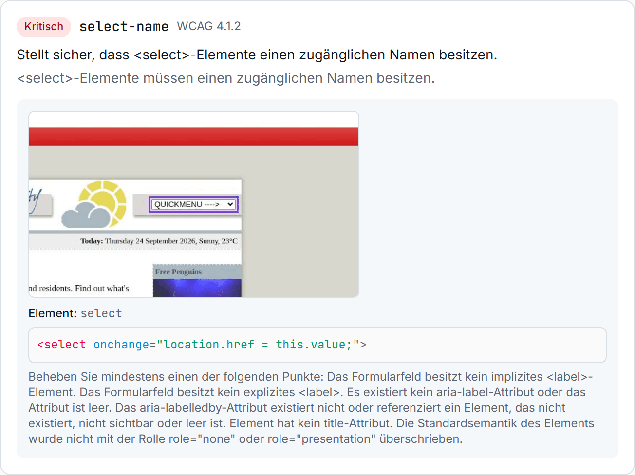 Kritischer AllyProof-Befund (select-name) mit Screenshot der Seite; das unbeschriftete Auswahlfeld ist markiert.
