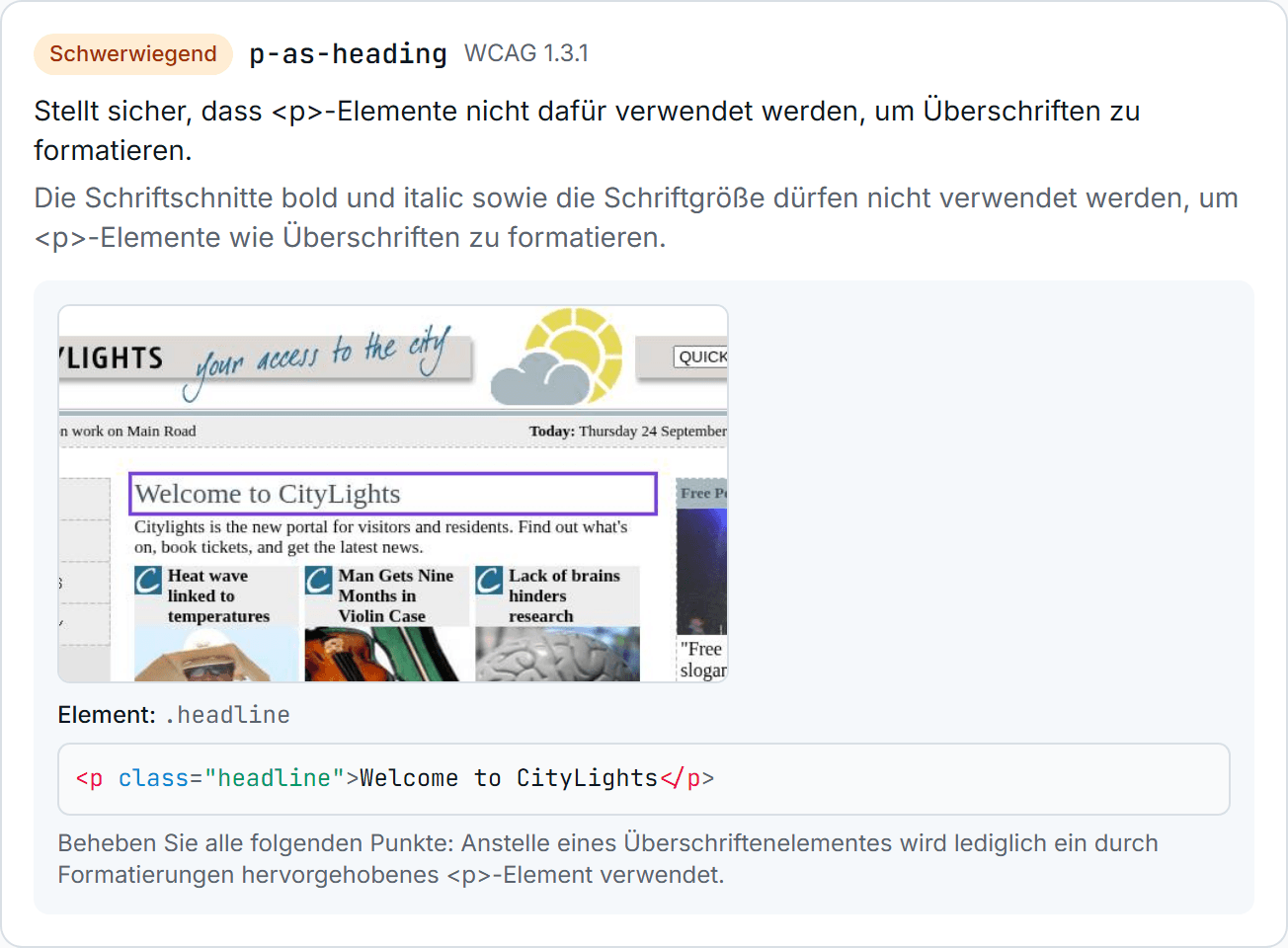 Schwerwiegender Befund mit Screenshot der Seite; ein als Überschrift formatierter Absatz ist markiert.