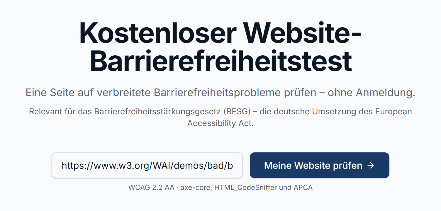 Der kostenlose AllyProof-Test mit eingegebener Website-Adresse neben der Schaltfläche „Meine Website prüfen“.