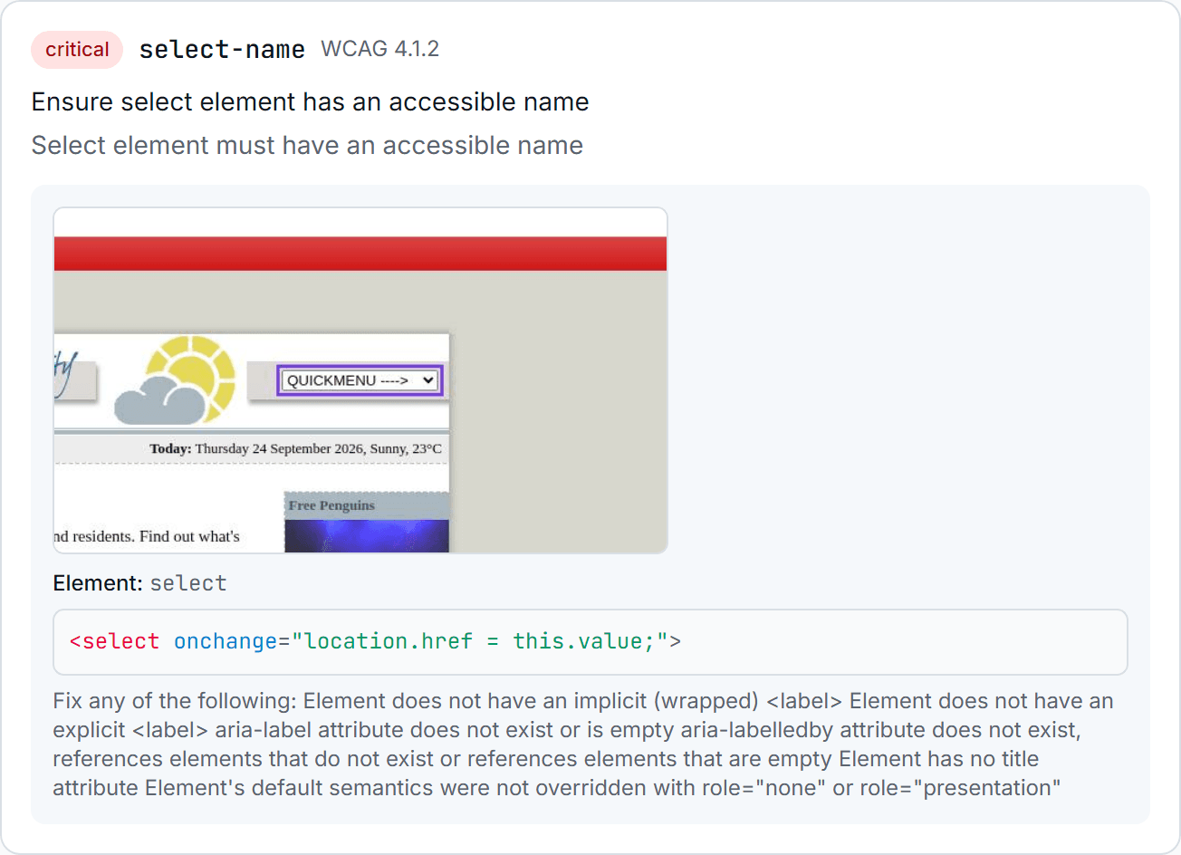 A critical AllyProof finding (select-name) with a screenshot of the page; the unlabeled dropdown is highlighted.