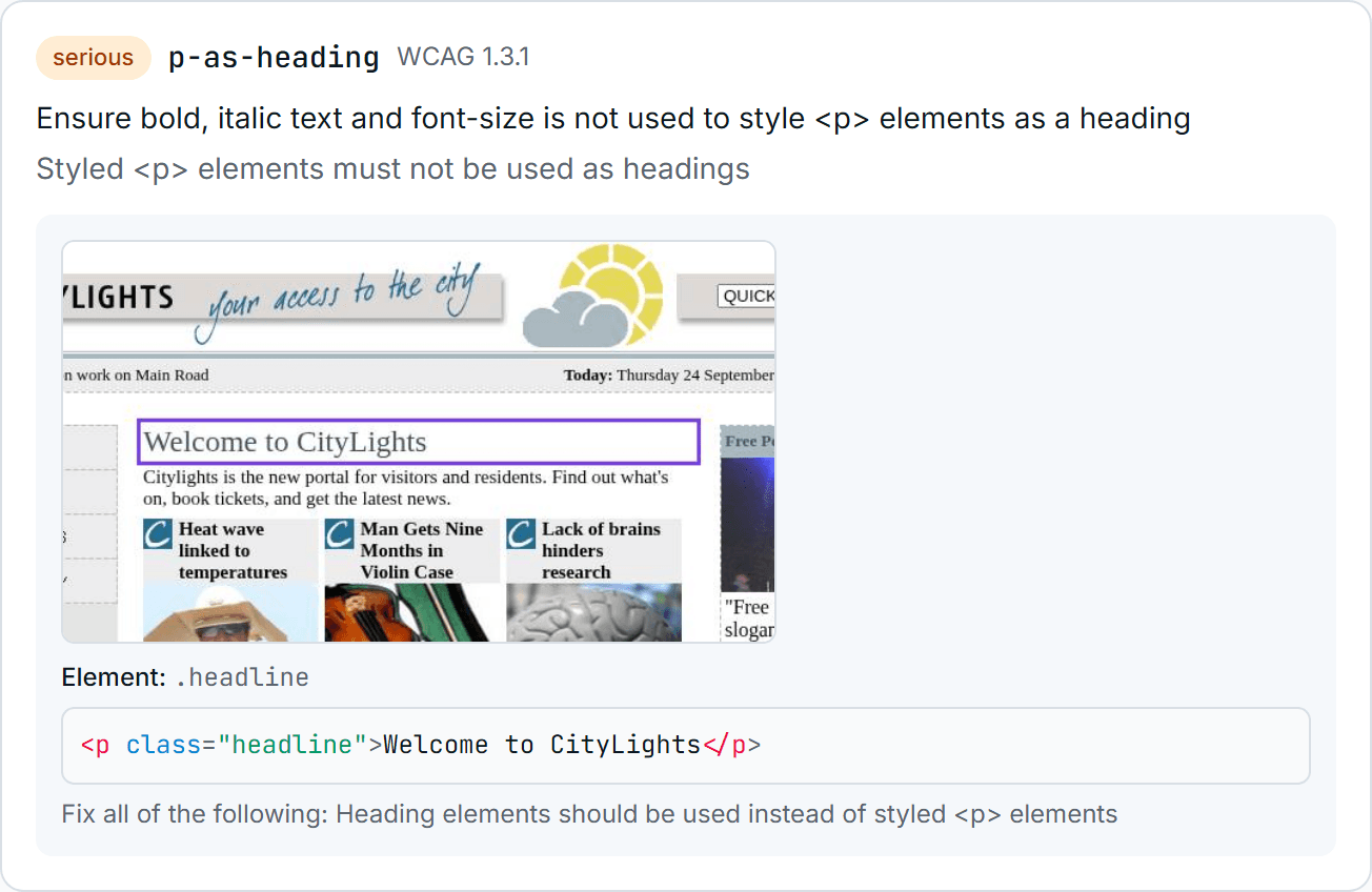 A serious finding with a screenshot of the page; a paragraph styled as a heading is highlighted.