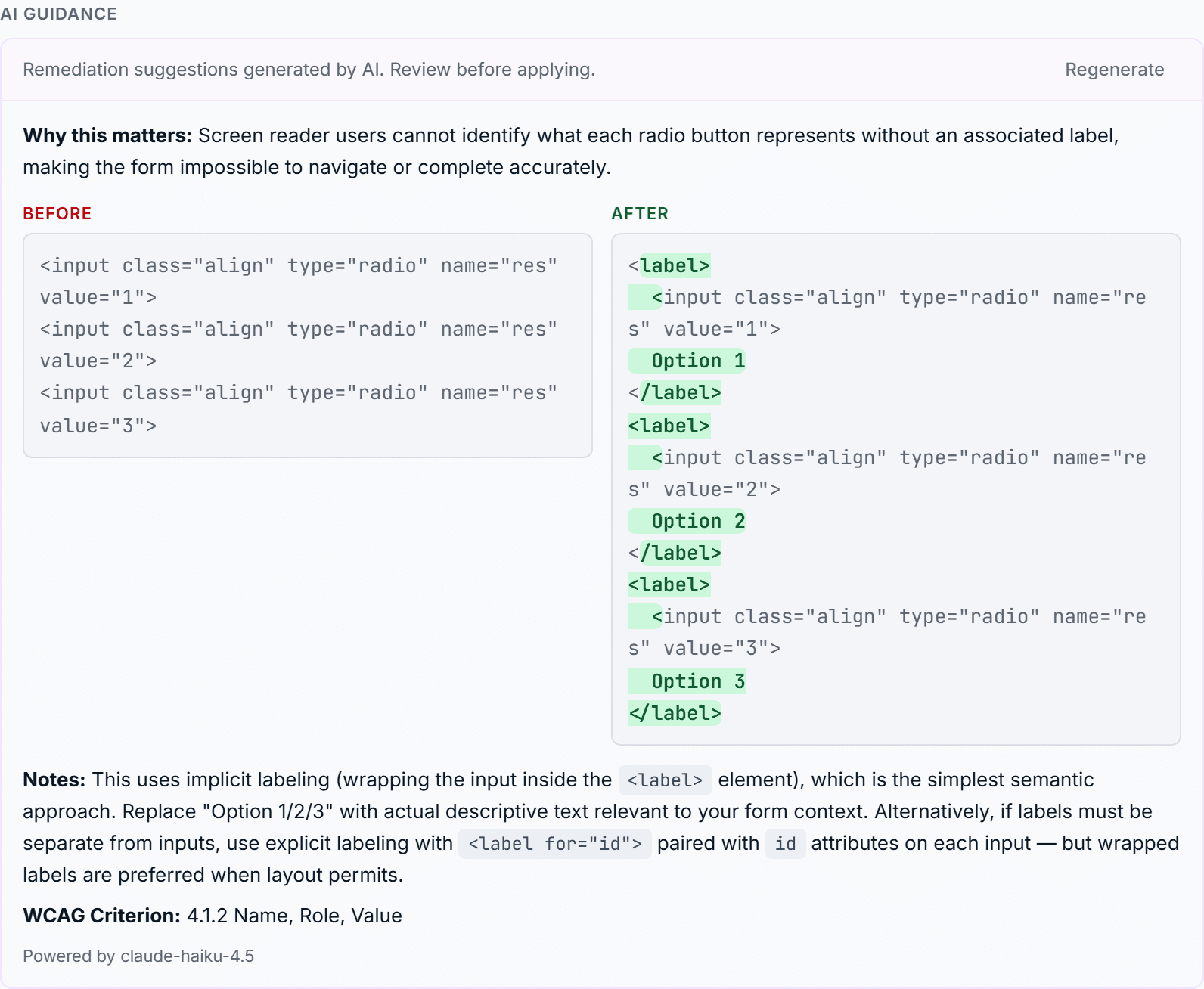 An AI fix suggestion explaining why a form field needs a label, with the code before and after the change.